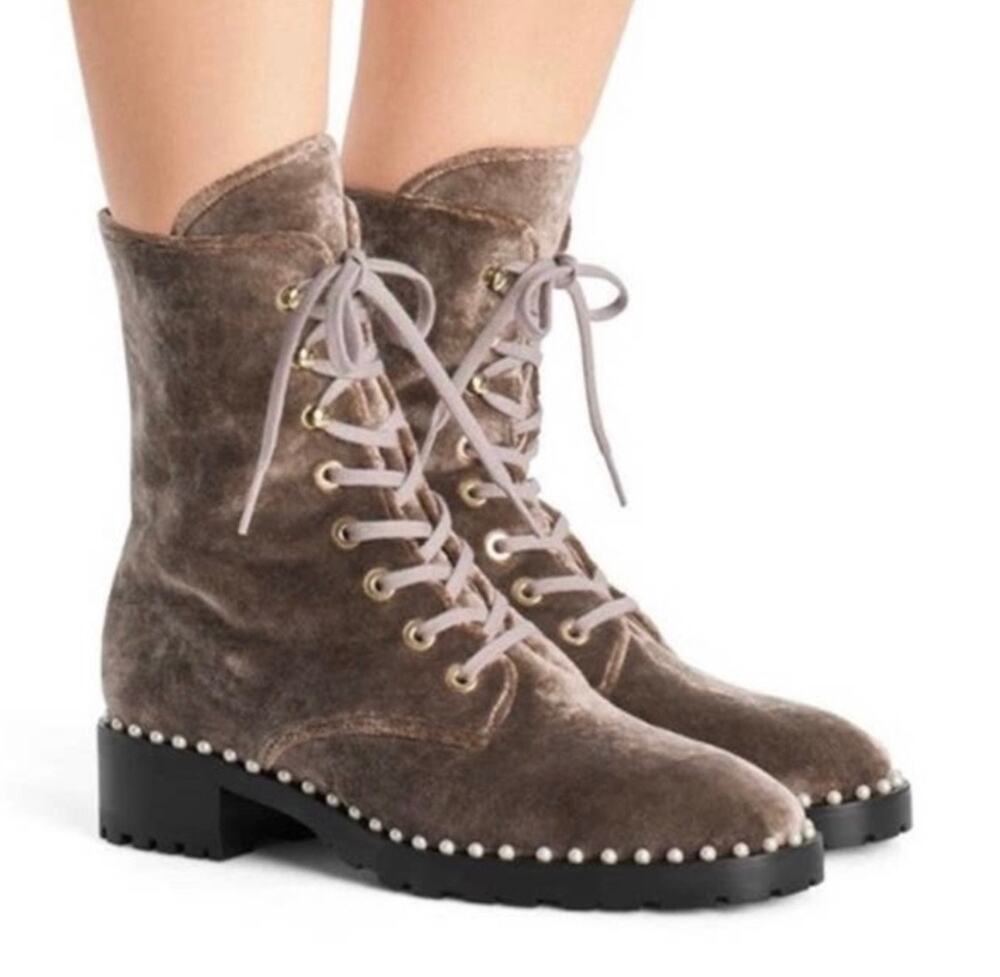 Stuart Weitzman Allie Velvet and Pearl Combat Boots Desert Rose Size 9 New
